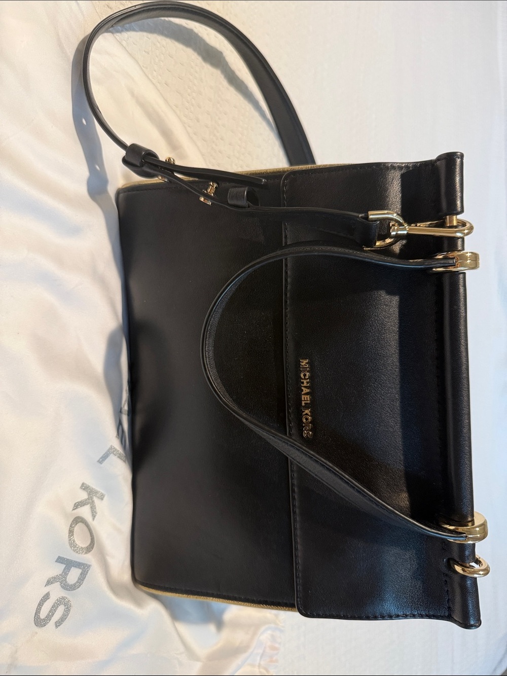 Michael Kors Black Leather Satchel with Gold Hardware